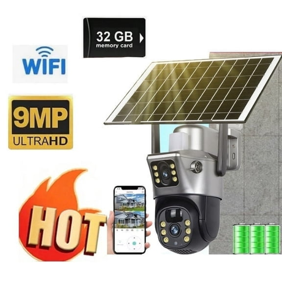 4K/12MP Solar-Powered Security Camera, 360° Panoramic Outdoor View, Dual Lenses, PIR Motion Detection, Color Night Vision, 2-Way Audio, Rechargeable Battery, Wireless 2.4GHz Wi-Fi, Anti-Theft & Priva
