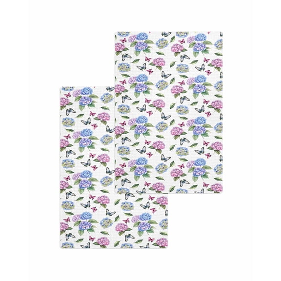 Pink Blue Hydrangea Kitchen Dish Towels for Drying Dishes Set of 2, Pastoral Watercolor Botanical Flowers Waffle Weave Microfiber Terry Hand Tea Bathroom Towels Quick Dry & Absorbent Towel 15.7x23.6
