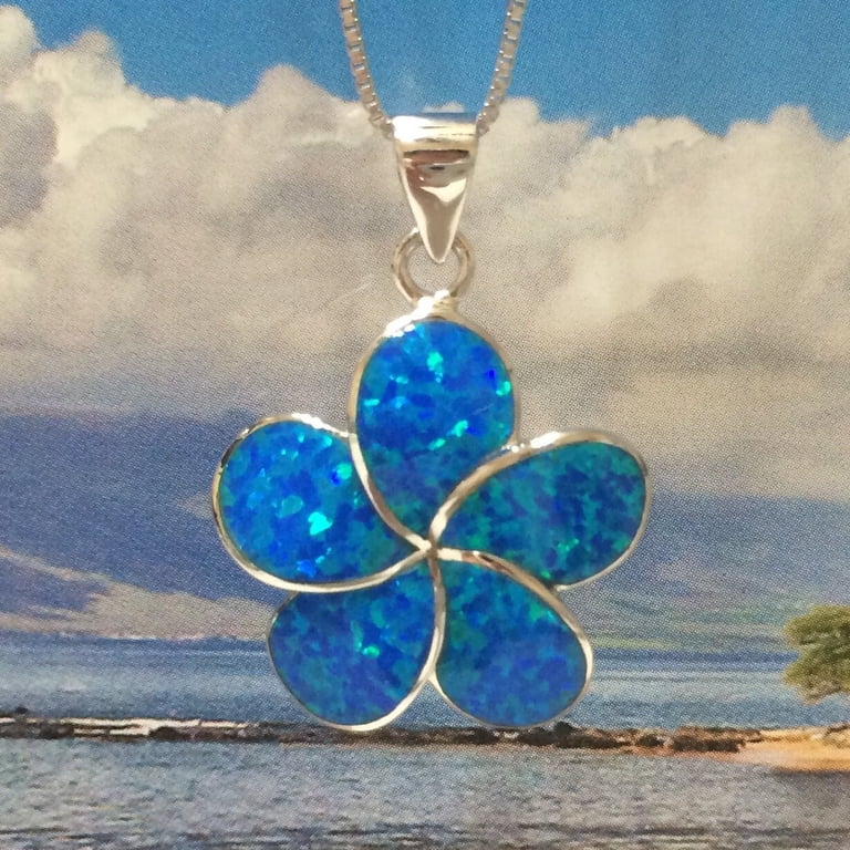 Beautiful Hawaiian Blue Opal Plumeria Necklace, Sterling Silver