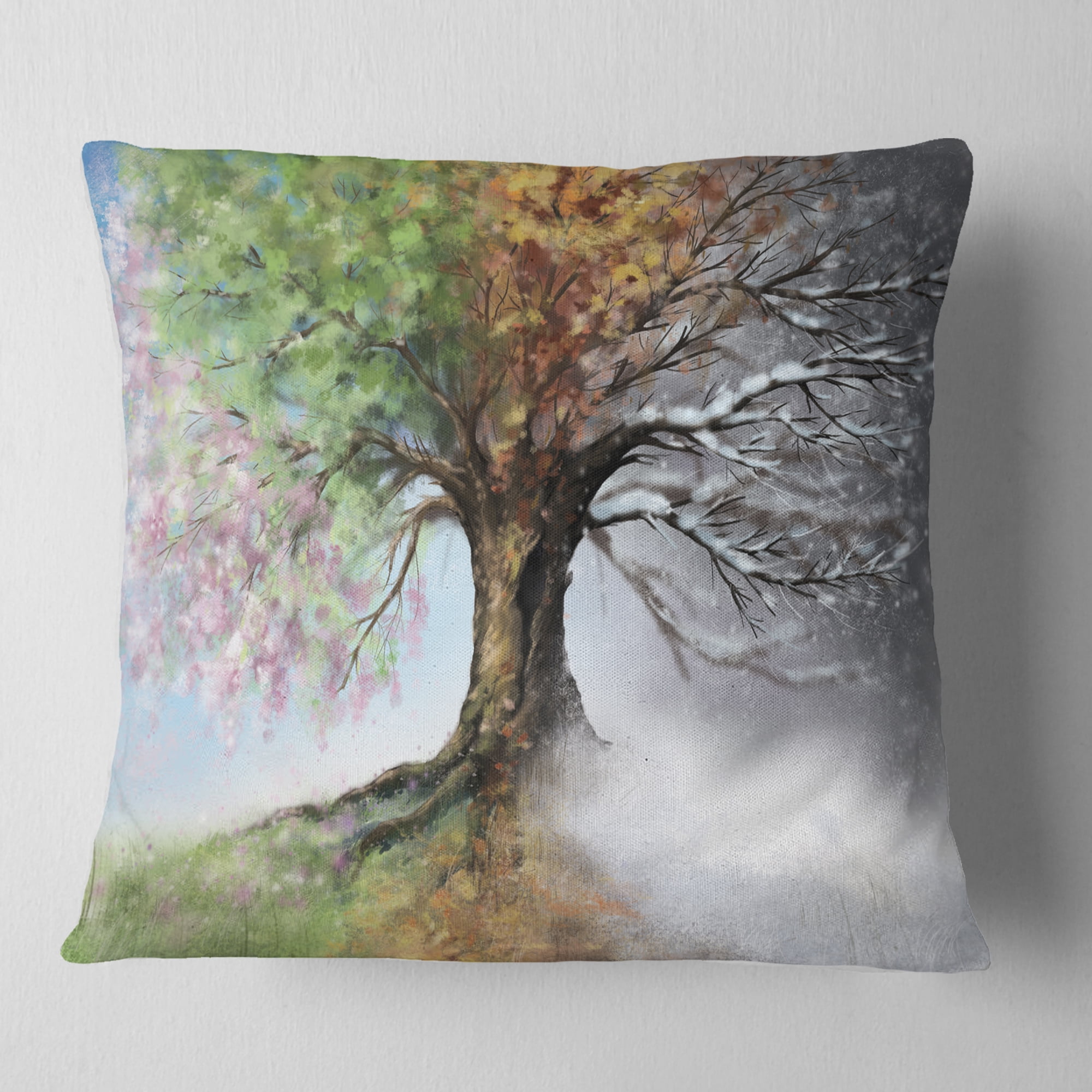 Designart Tree with Four Seasons - Tree Painting Throw Pillow - 18x18