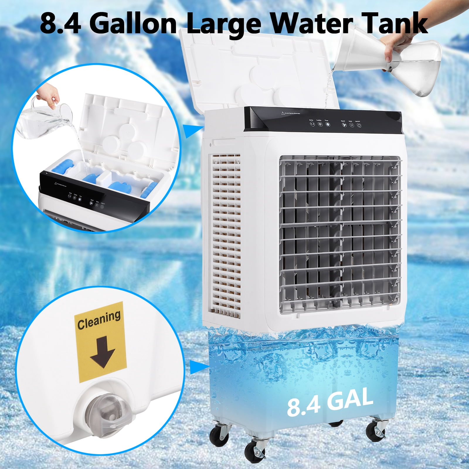 Evaporative Air Cooler, 1800CFM Swamp Cooler with 8.4Gal Water Tank, 12H Timer & Remote, 3 Speeds, 120° Oscillation, Includes 4 Ice Packs for Indoor/Outdoor Use, Home Patio Garage