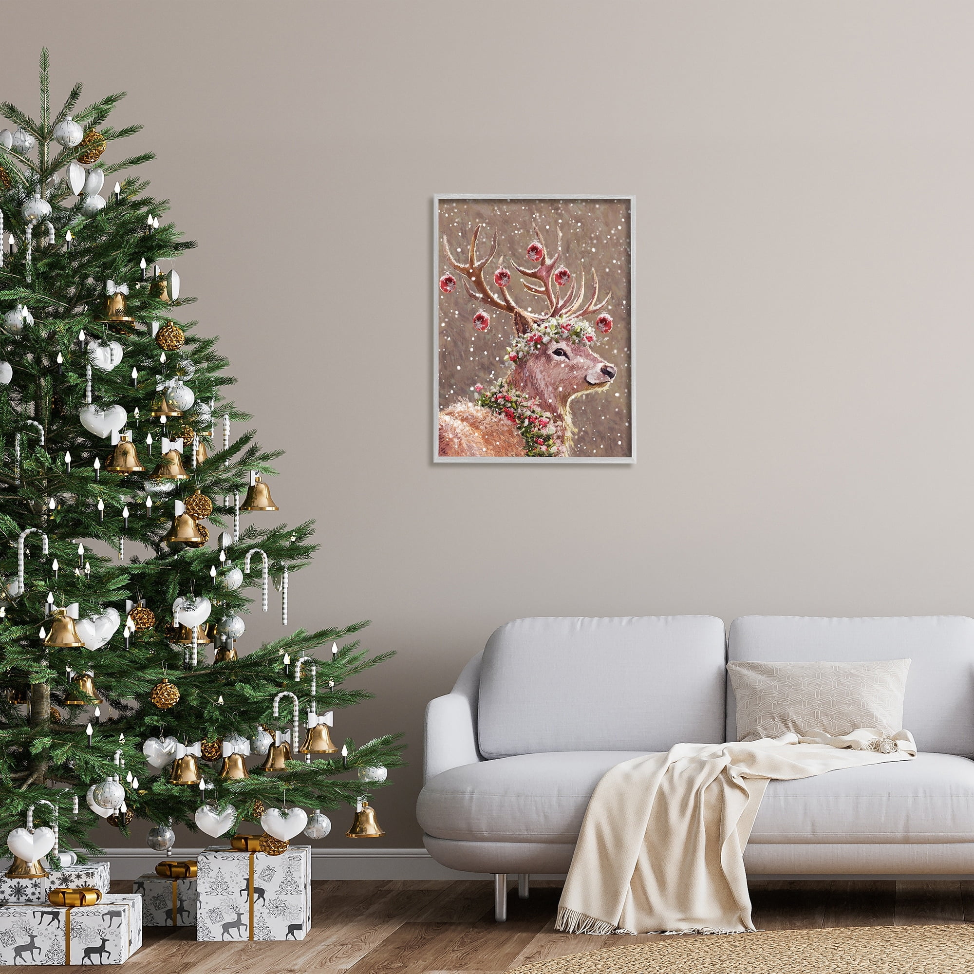 Stupell Industries Deer Antler Holiday Ornaments Holiday Painting Gray Framed Art Print Wall Art