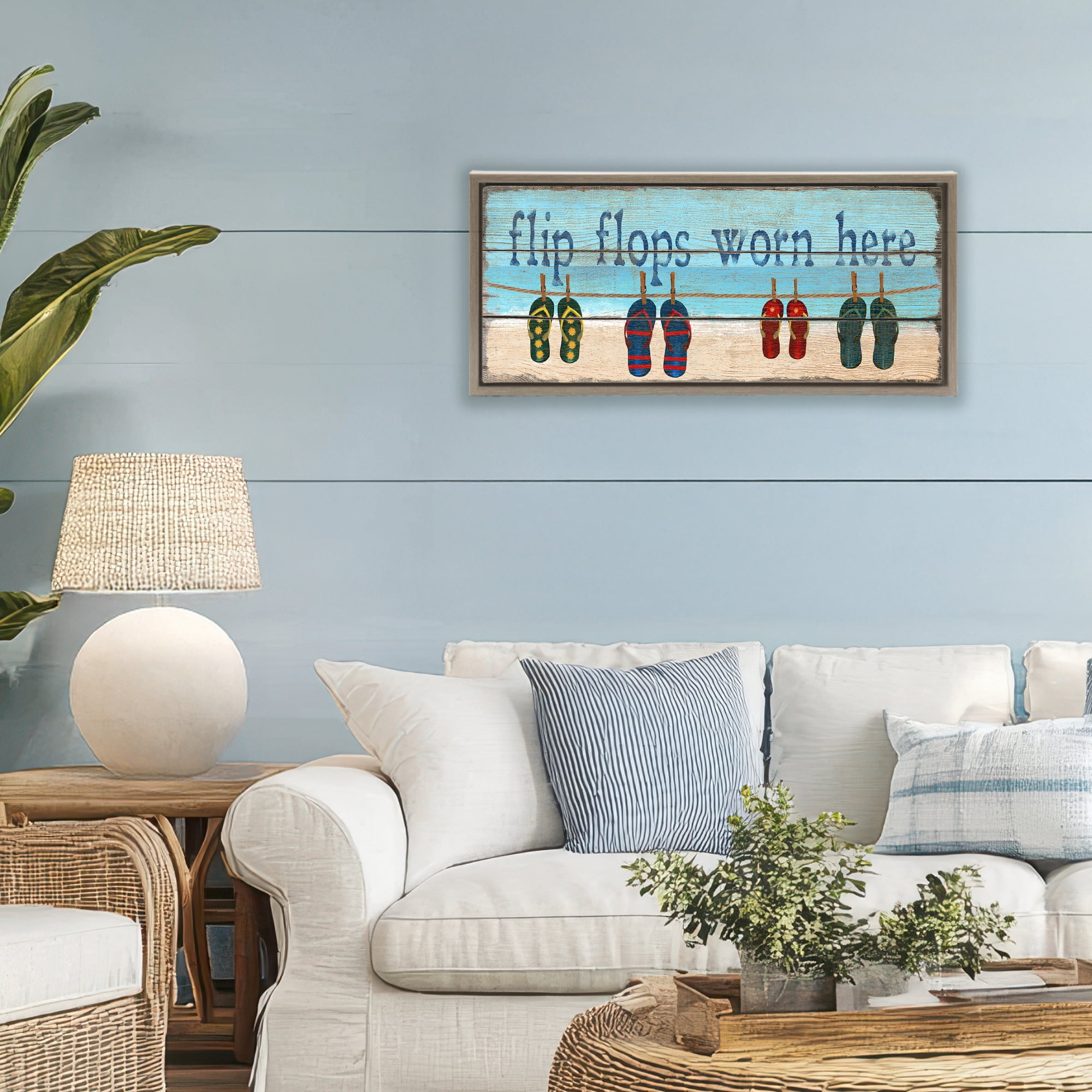Stupell Industries Flip Flops Worn Here Brown Framed Floater Canvas Wall Art, design by Gail Fraser