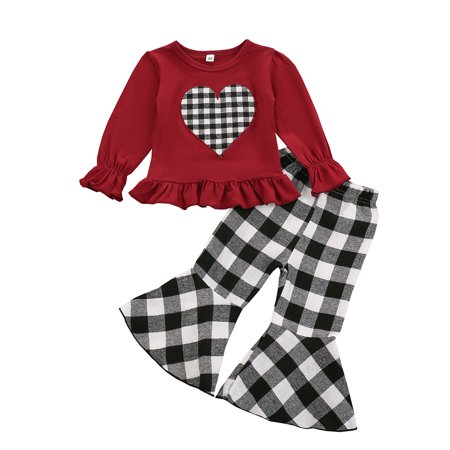 

Xingqing Valentine s Day Baby Girls Heart Print Long Sleeve Tops+Plaid Flared Pants 2pcs Outfits