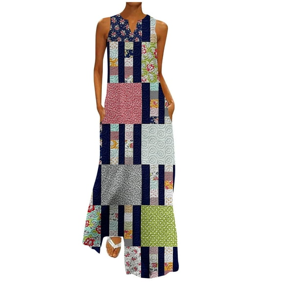 JINMGG 2024 Summer Plus size Clearance Dresses for Women under $10,Fashion Women Casual Summer Pockets Print Sleeveless V-neck Mid Calf Dress