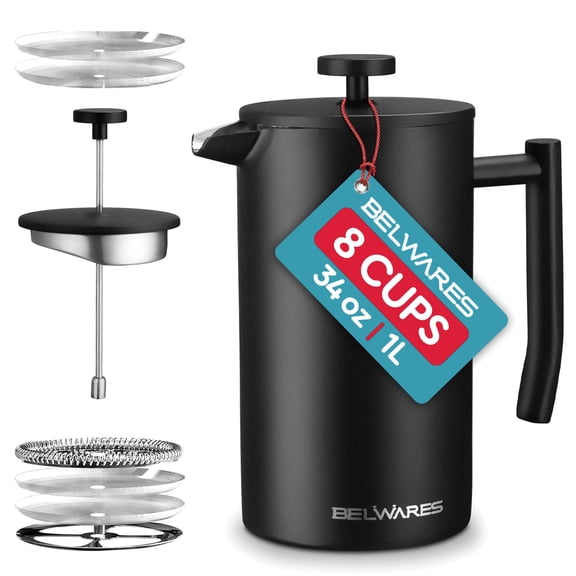 Belwares French Press Coffee Maker 34 oz Stainless Steel Coffee Press, Double Wall French Press with 4-Level Filtration