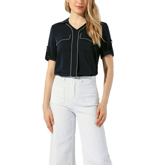 INSPIRE CHIC Contrast Color Tops for Women's Sheer Short Sleeve V Neck Textured Blouse Beige Yellow S