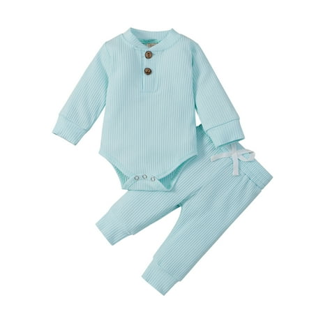 

Yinyinxull Newborn Baby Boys Girls Clothes Long Sleeve Ribbed Romper Elastic Waist Pants Sky Blue 6-12 Months