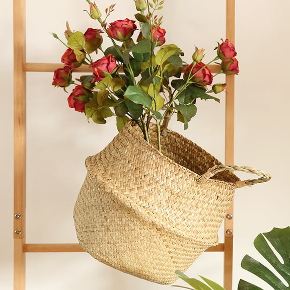 Usloyux Seagrass Wicker Basket, Foldable Storage Basket for Home, Decorative Basket for Flowers Fruits, Natural Material Basket for Organizing, Versatile Basket for Kitchen Bathroom