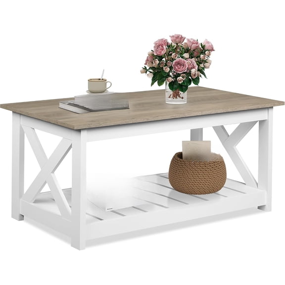 Farmhouse Coffee Table for Living Room, 40.1" Rustic Center Table with X-Frame Support & Storage Shelf, 2-Tier Wood Coffee Tables for Bedroom & Balcony, White