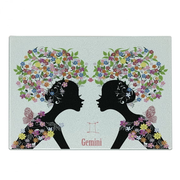 Zodiac Gemini Cutting Board, 2 Young Ladies with Colorful Spring Blossoms and Butterflies Fashion Girls, Decorative Tempered Glass Cutting and Serving Board, Small Size, Multicolor, by Ambesonne