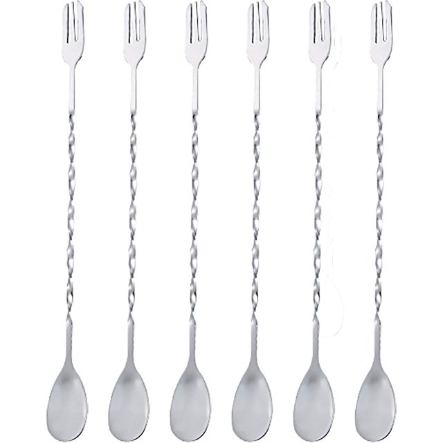 Cuchara de cóctel, barra agitadora, cuchara larga para mezclar con tenedor, cucharas agitadoras de cóctel con patrón en espiral de acero inoxidable de 10 pulgadas, 6 piezas (plata)