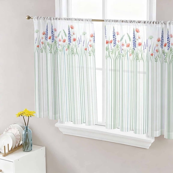 Spring Floral Sheer Curtains 54 Inch Length 2 Panels Set, Watercolor Flowers Green Lines Minimalist Voile Window Treatment Rod Pocket Short Kitchen Curtains Drapes for Bedroom 52"x54"x2