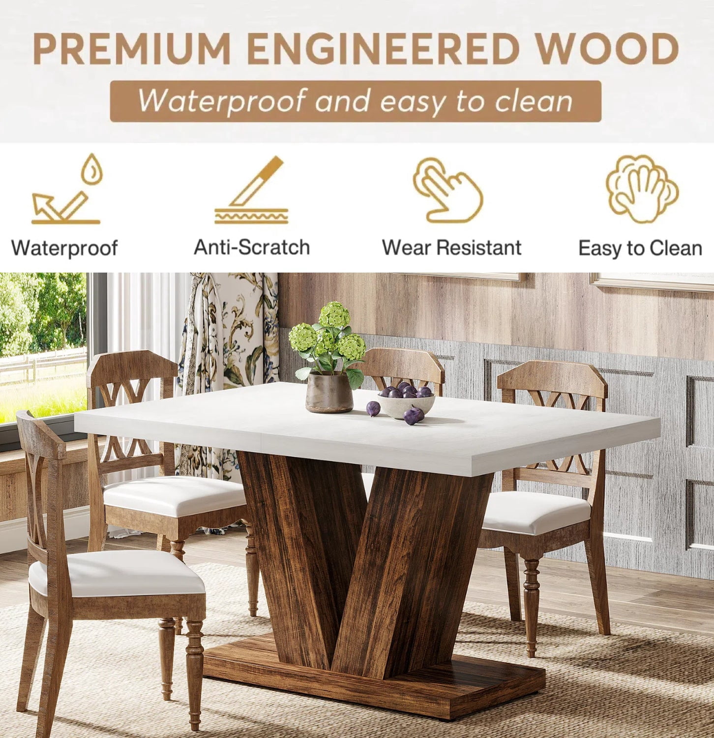 Fnova 47.24" Rectangular Farmhouse Dining Table, Wood Coffee Table for 4 People, Modern Kitchen Table for Dining Room, White Brown (Chairs Not Included)