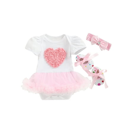 

Woshilaocai Baby Girls Valentine s Day Romper Short Sleeve Printed Ruffled Bodysuit Printed Shoes Bow Headband Set