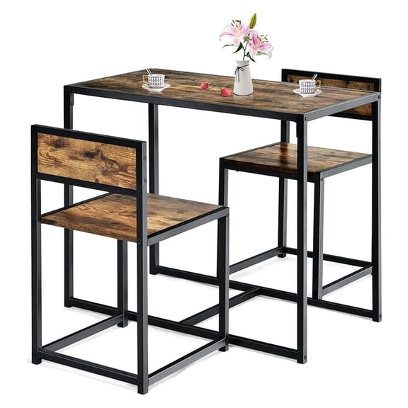 3-Piece Kitchen Table Set, Table Set with 2 Chairs, Metal Frame, Dining Table Set Space-Saving for Kitchen, Living Room, Cafe and Bar, Antique
