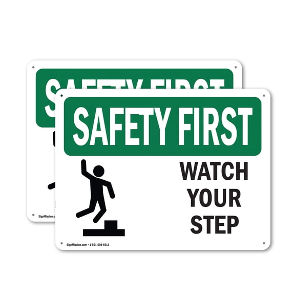 (2 Pack) Watch Your Step OSHA Safety First Sign 14 Inch X 10 Inch Indoor / Outdoor Rust-Free Aluminum Metal Signs for Workplace, Workshop, and Construction Site, Made in the USA