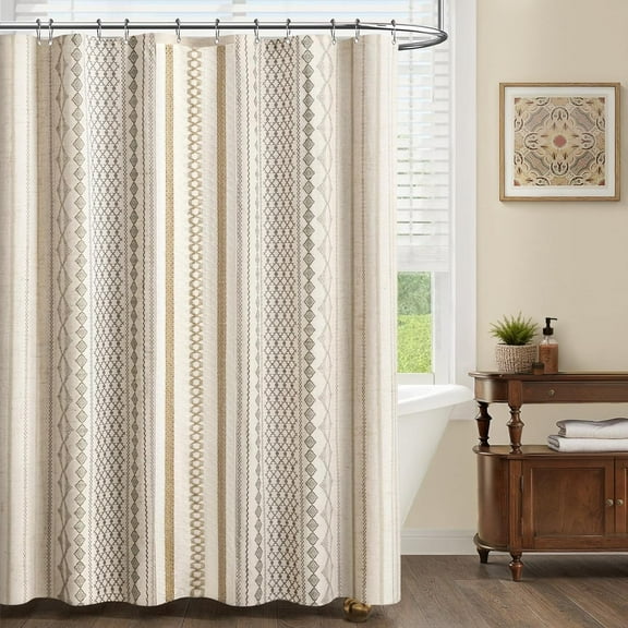Boho Linen Shower Curtain for Bathroom,with Striped Print and Twine-Inspired Woven Center,72" W x 72" L,Beige