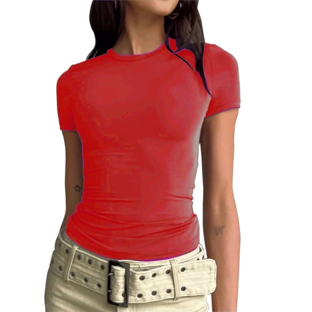 LSLJS T-Shirts pour Femmes T-shirt à Manches Courtes pour Femmes Couleur Unie Basique Col Rond Haut Décontracté Chandail T-shirt