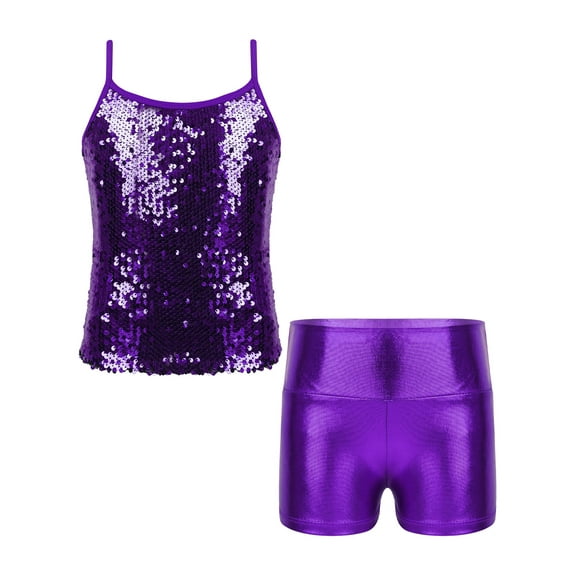 Aislor Kids Girls Dance Outfits Camisole Strap Sequin Crop Tank Top with Shorts Hip Hop Jazz 6-12 Purple 10