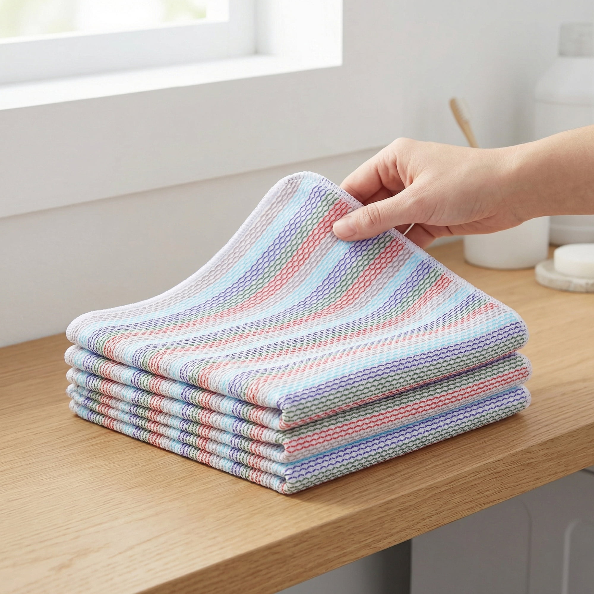 Unique Bargains 6 Pack Cotton Striped Cloths Red Blue Green/Red Green Blue 14" x 14"