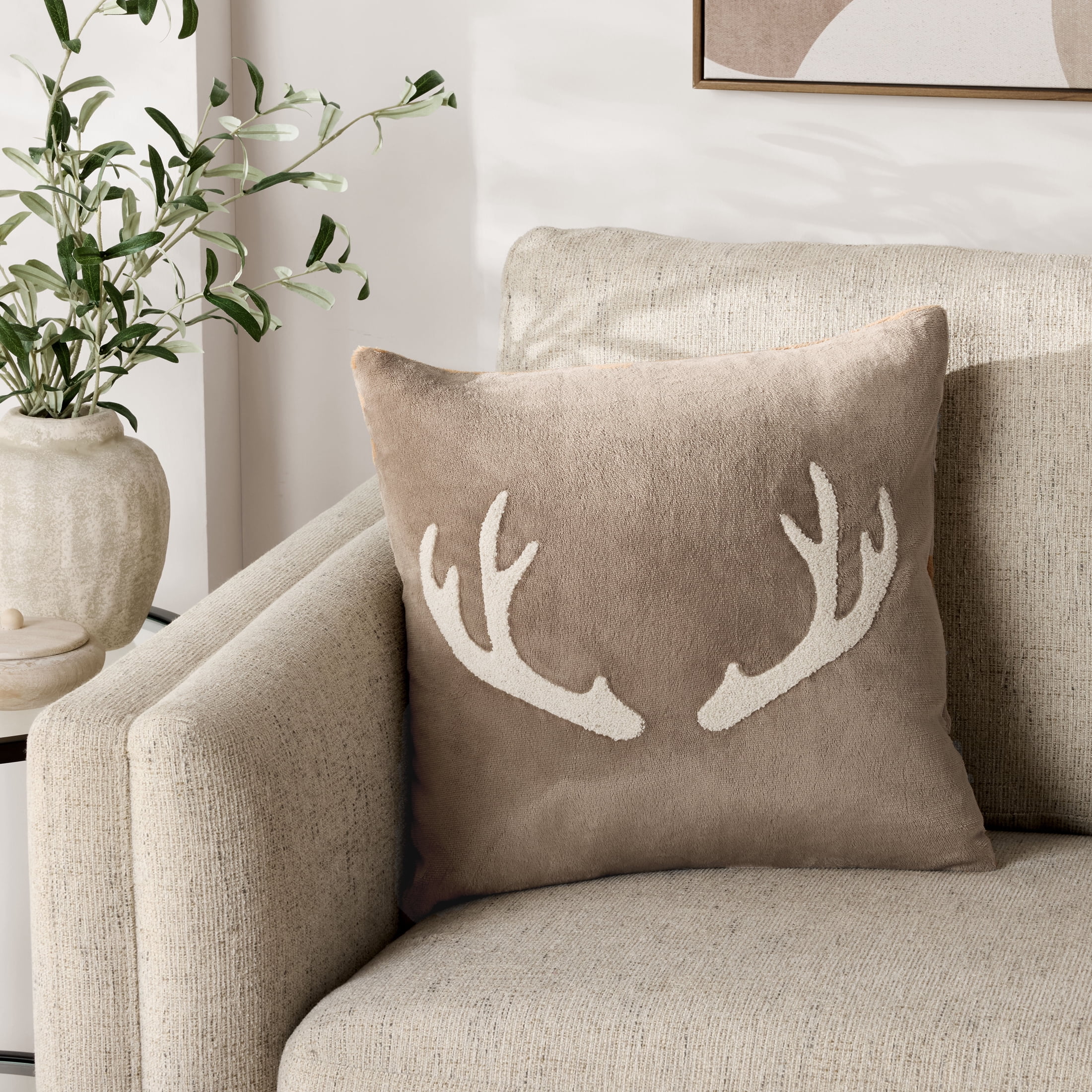 (2 pack) Mainstays 18" x 18" Decorative Antler Pillow, Tan, (1 Count), Adult