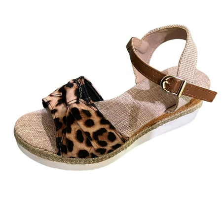 

aDJFDGT Slip on Sandals Women Comfy Trendy Ladies Fashion Summer Leopard Pattern Suede Dew Toe Slope Heel Thick Bottom Buckle Sandals
