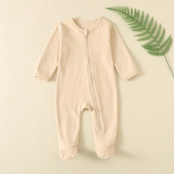 FAIOROI Infant Footed Onesie Cotton, Two-Way Zipper for Easy Diaper Change, 3 Months, Beige, Newborn Gender Neutral