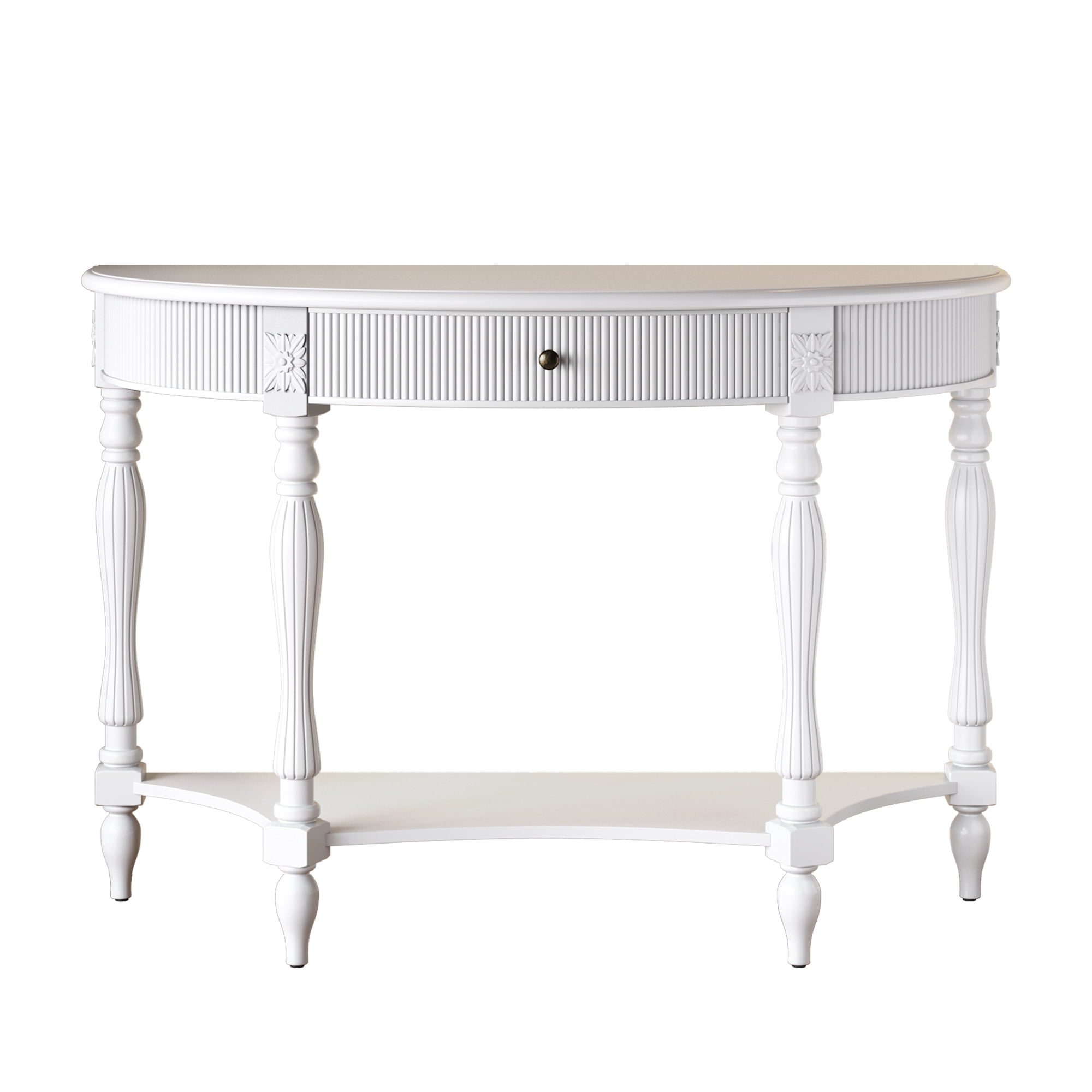 Accent Console Table with Semicircle Tabletop, Drawer & Shelf, Fluted Vintage Entryway Display Table, Sofa Table with Roman Legs