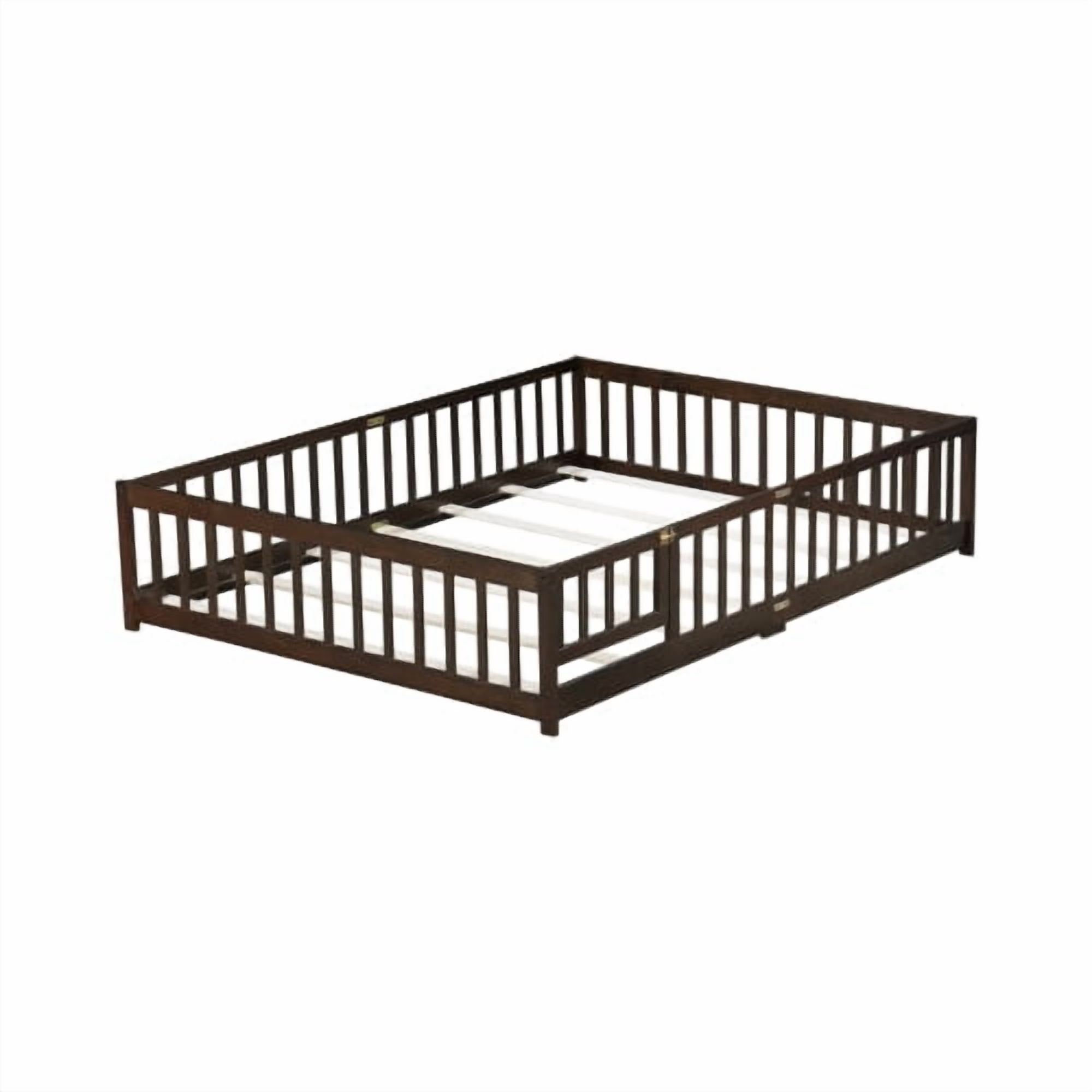 HOCOMILA Queen Size Floor Bed with Fence, Montessori Floor Bed with Slats and Safety Guardrails, Wood Queen Bed, Espresso