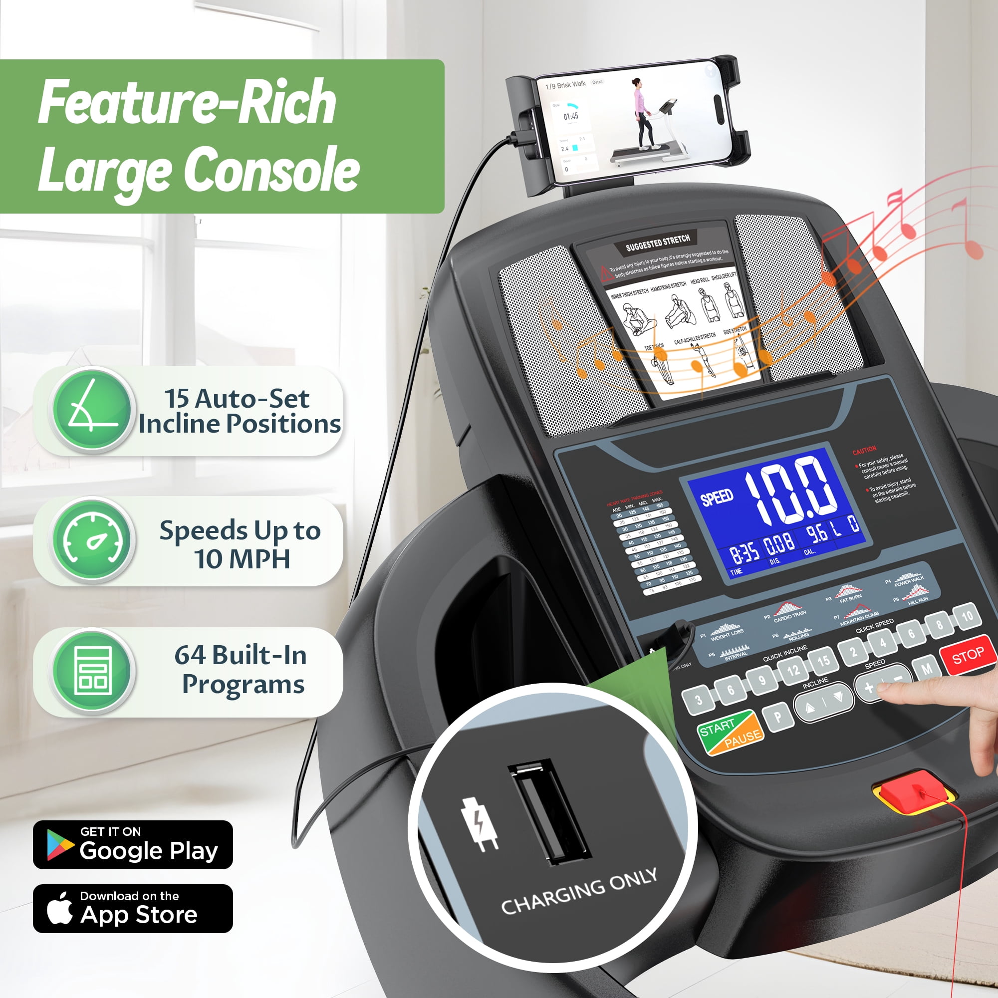 Portable Treadmill with 300 lb for Home/Office, 10 MPH Walking Machine Treadmill with Incline up to 15%, Foldable Treadmill with Handles, Low Noise Walking, Exercise Equipment w/71 ProgramsHP