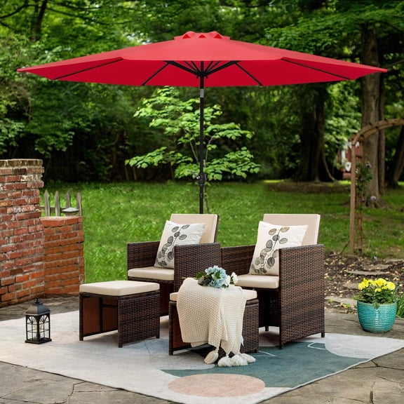 Vineego 5 Pieces Wicker Outdoor Patio Furniture Set Patio Chairs with Umbrella and Ottoman(Red)