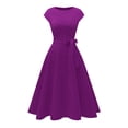 thumbnail image 6 of Elegant Party Dress for Women Short Sleeve Crew Neck Solid Tie Waist Midi Dress Purple L, 6 of 6