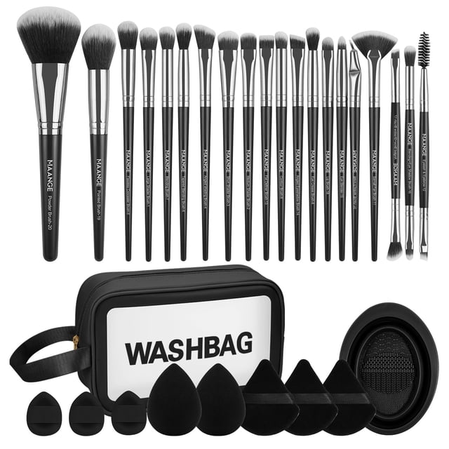 MAANGE Brochas para Maquillaje Profesional con Bolsa 30 Piece Brocha de Maquillaje Kabuki Sintético Rubor Polvo Base Juego de Brochas para Viajes y Uso Diario(Negro,30Pcs Set)