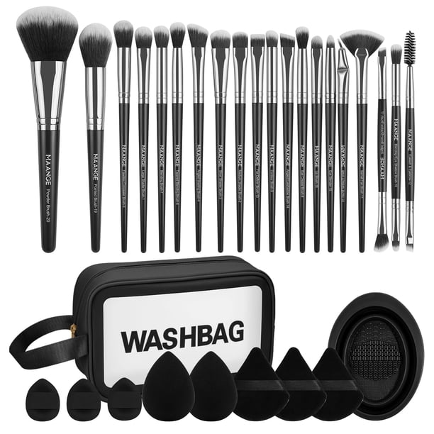MAANGE Brochas para Maquillaje Profesional con Bolsa 30 Piece Brocha de Maquillaje Kabuki Sintético Rubor Polvo Base Juego de Brochas para Viajes y Uso Diario(Negro,30Pcs Set)