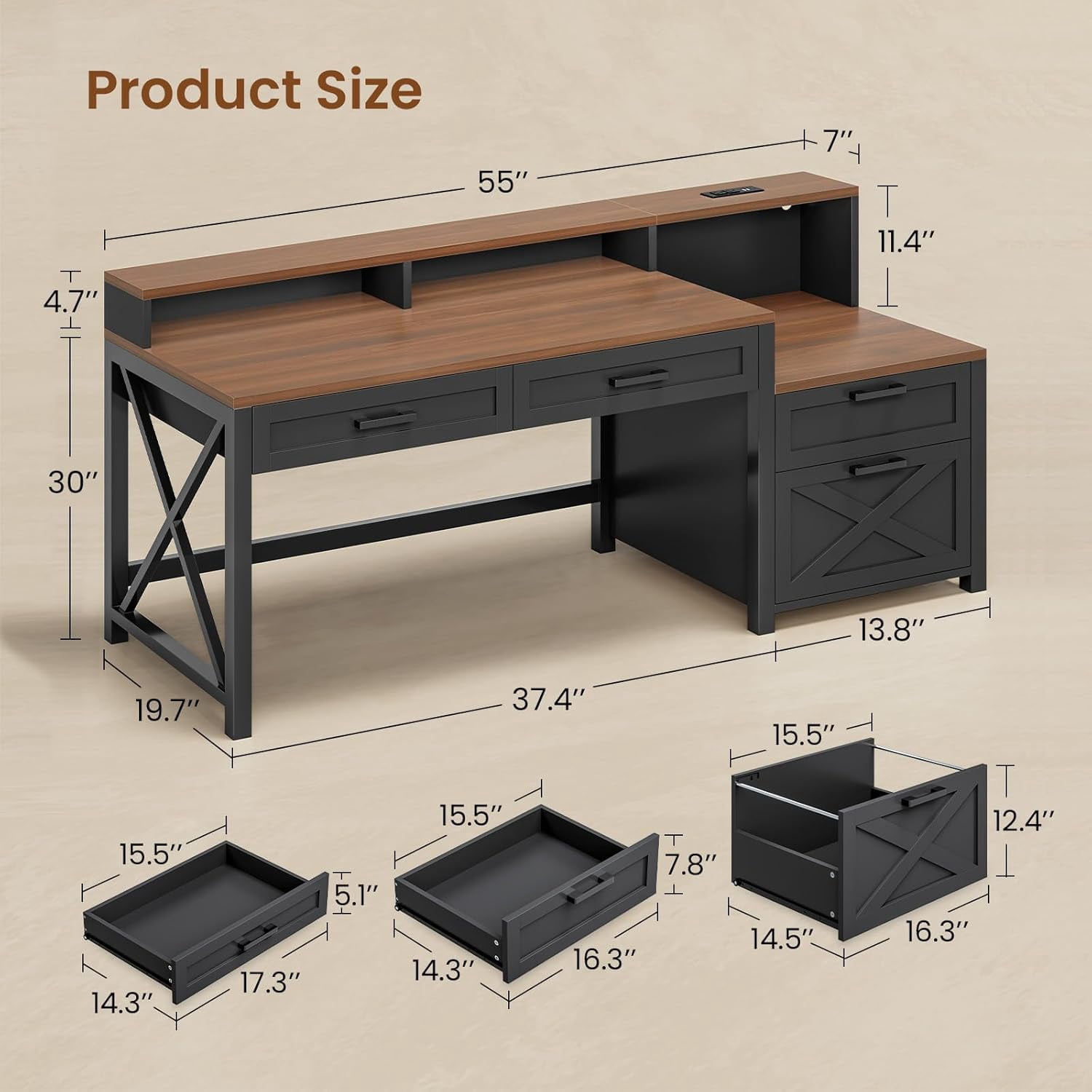 Farmhouse Desk with Power Outlets, 55" Computer Desk with Drawers & Monitor Stand, Corner Desk with Printer Stand & LED Lights, Black Desk Writing Desk Study Table for Small Space