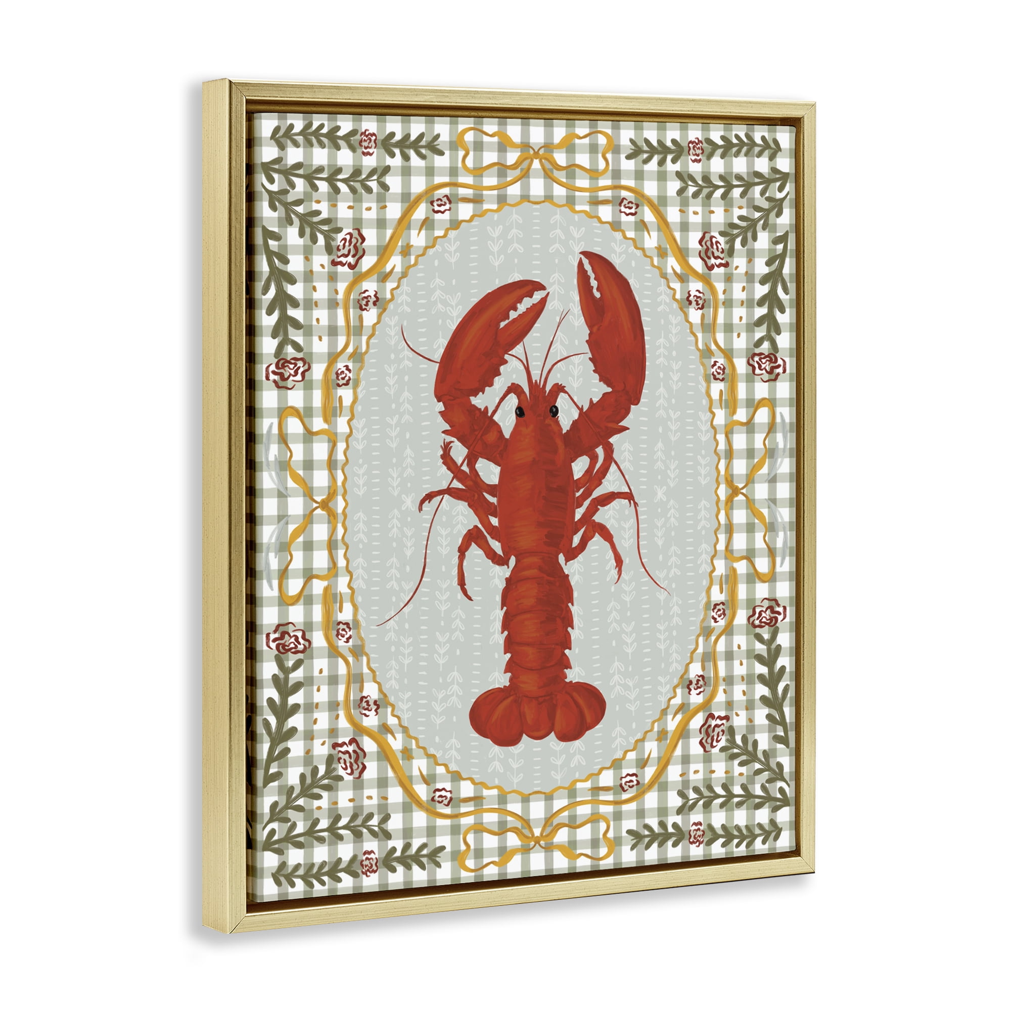 Stupell Industries Lobster with Gingham Kitchen Charm Gold Framed Floater Canvas Wall Art, design by Vero Illustrates
