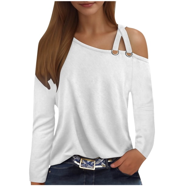 Puntoco Camisetas ajustadas para mujer Camiseta de manga larga con hombros descubiertos y tirantes dobles circulares para mujer