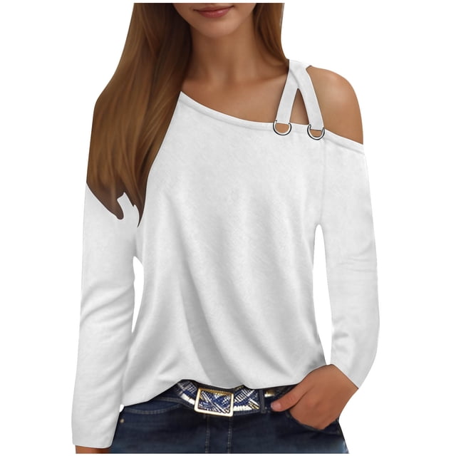 Puntoco Camiseta sin mangas para mujer Camiseta de manga larga con hombros descubiertos y doble tirante circular para mujer