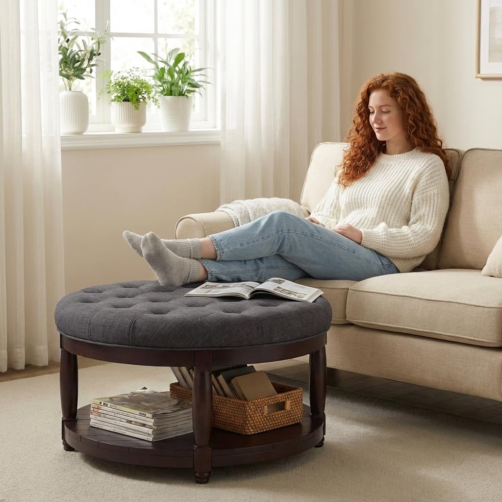 ODUWA Coffee Table Ottoman with Storage Shelf, Tufted Upholstered Footrest Stool, Solid Wood Base Accent Table for Living Room