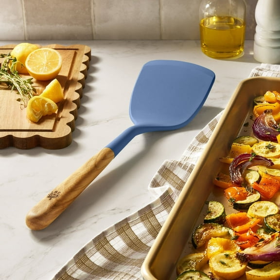 Blue Silicone Turner with Olivewood Handle Durable Versatile Kitchen Tool