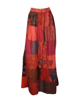 Mogul Women Maxi Skirt Red Summer Gujarati Patchwork Summer Handmade Vintage Boho Chic Long Skirts S/M
