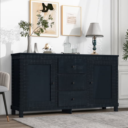 CoSoTower Retro Solid Wood Buffet Cabinet with 2 Storage Cabinets, Adjustable Shelves and 3 Drawers for Living Room, Antique Black