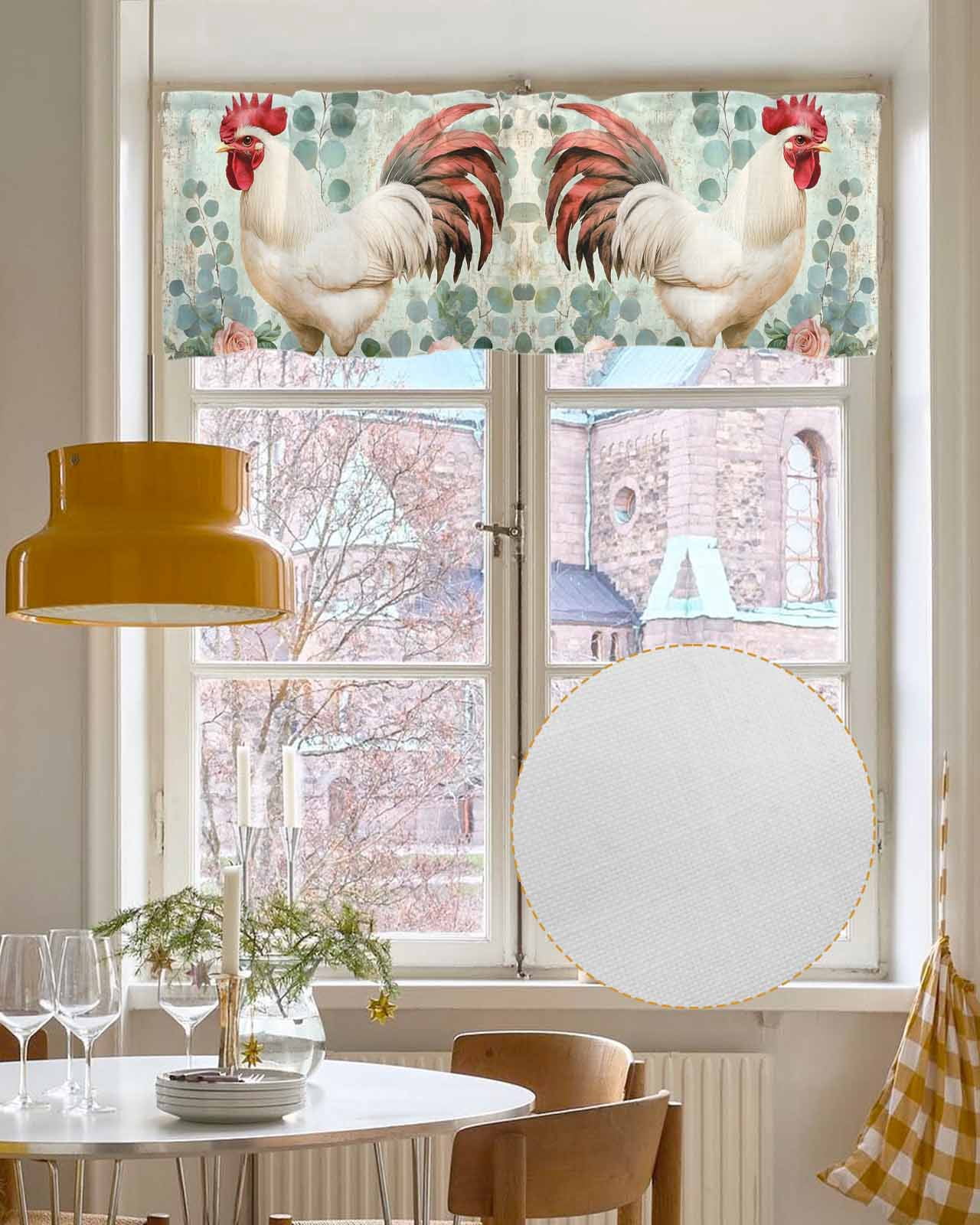 Vintage Rooster Kitchen Valances for Windows Farmhouse Linen Window Valance Curtain for Living Room Window Treatment Eucalyptus Leaves Animals Spring Roses Valance Rod Pocket Topper, 60 x 18 Inch