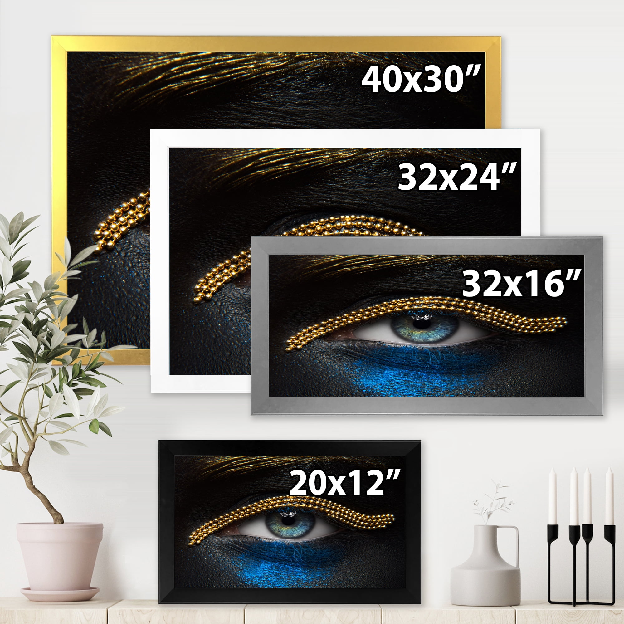 Designart 'Girl Eyes With Gold Chain and Blue Pigment' Modern Framed Art Print