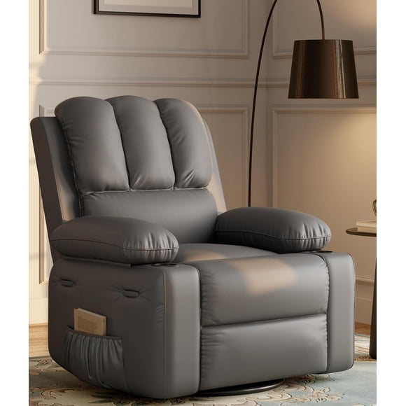 27in Oversized PU Leather Manual Recliner Chair with Cup Holders and Side Pockets Ergonomic Adult Recliner for Living Room Nursery and Home Theater Grey