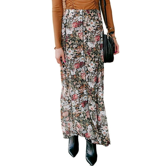 Women's Brown Floral Print High Waist Maxi Skirt - Elegant Flowy Design - [ZhiHiMeRi] | (US 12-14)L