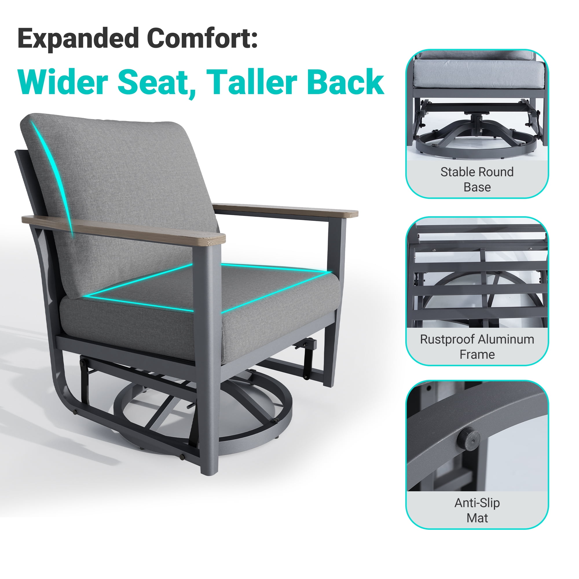 Sweecci 7 Pieces Aluminum Patio Furniture Set, 360° Swivel Rocking Chairs, Patio Conversation Sets, 5.1" Cushions, 3.3" Wide Armrests Outdoor Couch for Backyard, Deck, Poolside,Gray