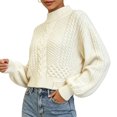 thumbnail image 2 of Women's Mock Neck Cable Knit Sweater, Long Sleeve Cropped Pullover, Loose Button Detail Knitted Jumper, Warm Casual Tops for Fall Winter Daily Wear White One Size, 2 of 3