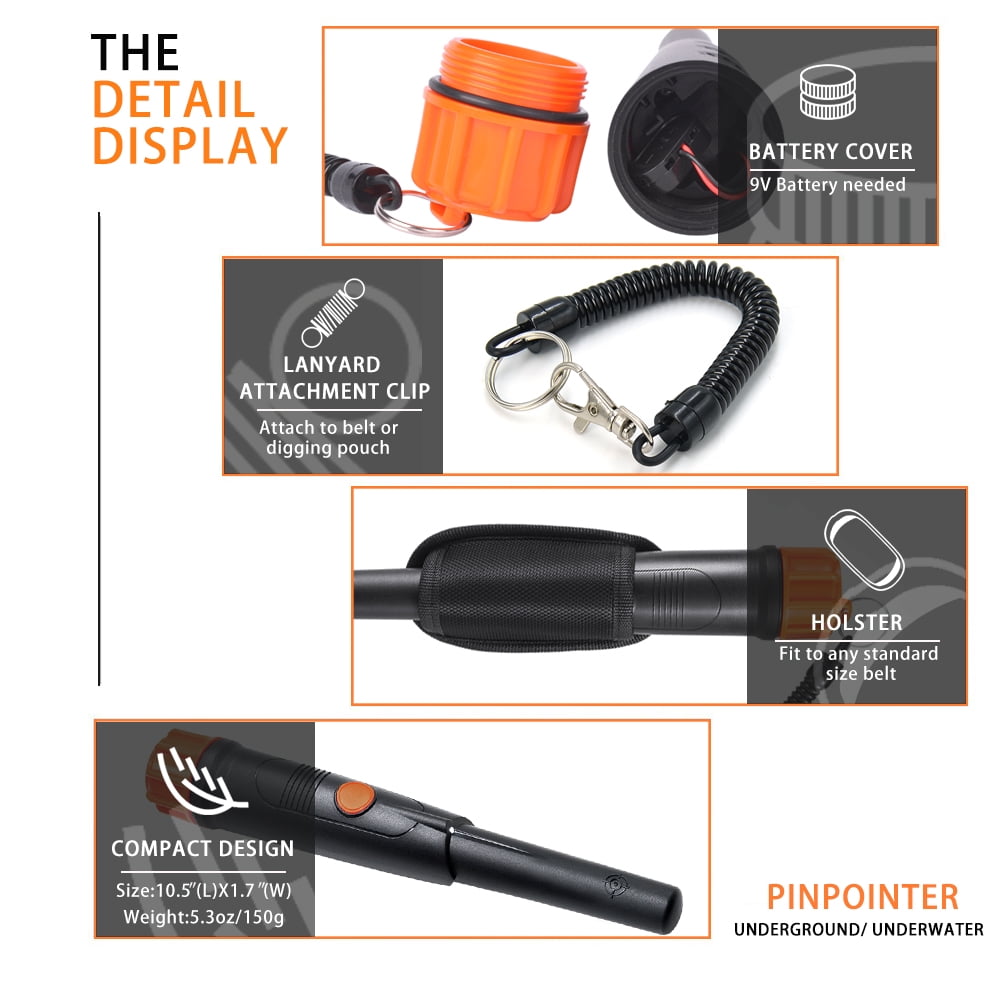 Metal Detector Pinpointer, IP68 Fully Waterproof Handheld Pin Pointer Wand with 360° Search, 3 Modes (Vibration/Buzzer), High Accuracy Treasure Hunting Tool with Belt Holster for Adults & Kids